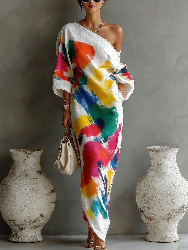 Julia | Women's One-Shoulder Abstract Print Maxi Dress