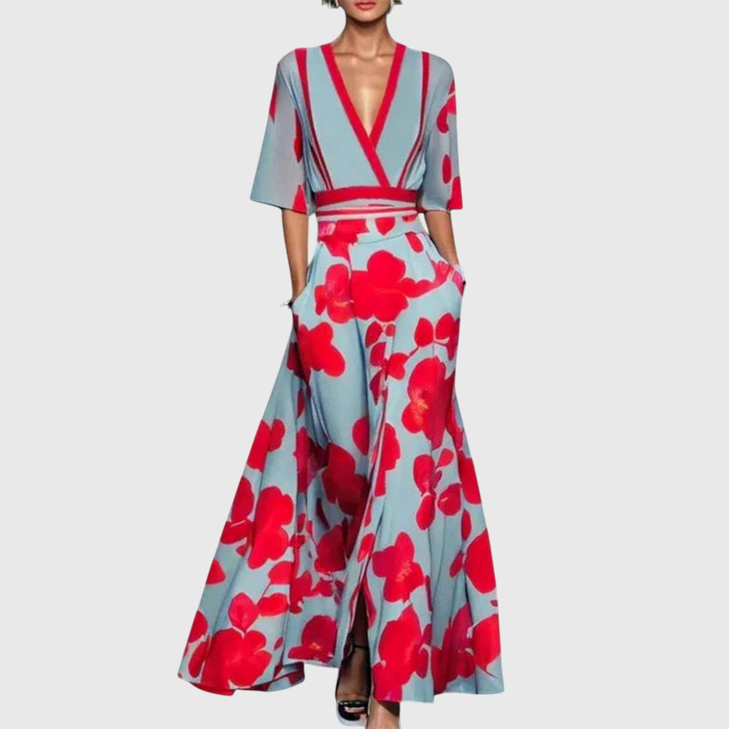 Elegant Midi Dress with a Wrap Neckline, Bold Floral Print and a Flowy Feminine Fit