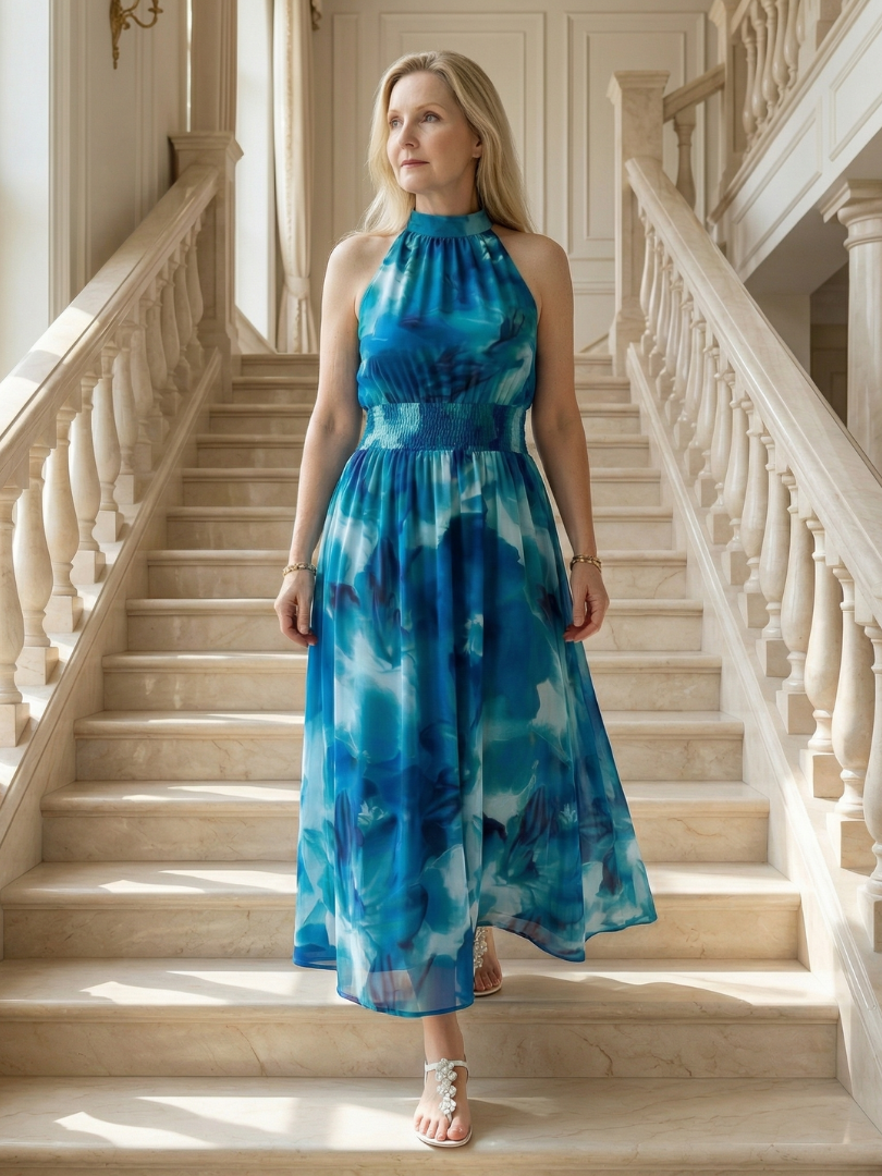 Elegant Gathered Halter Midi Dress | Flowy Summer Style for Women