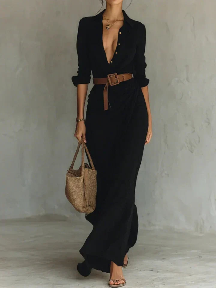 Lisette | Women's Collared Maxi Dress with Belt