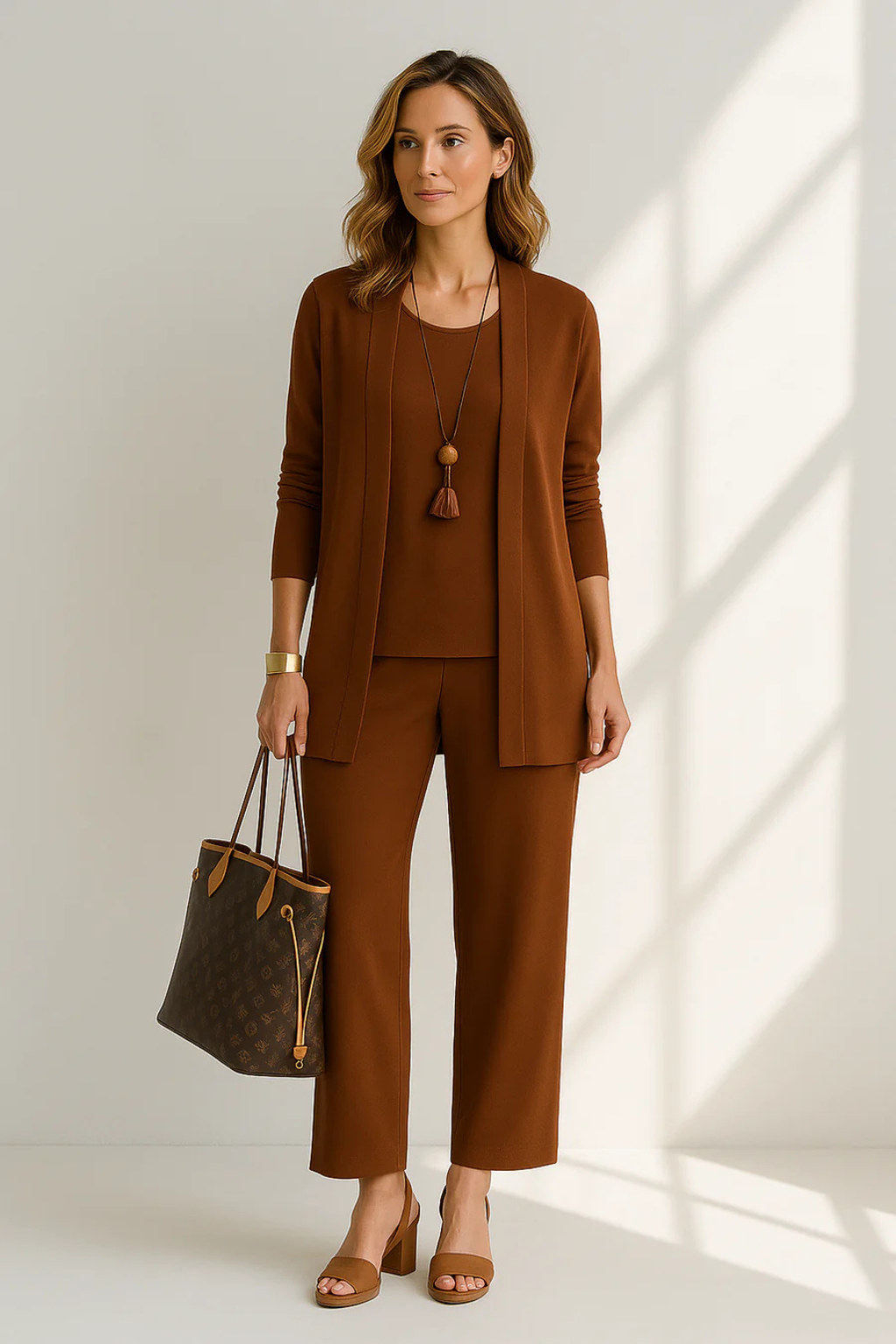 Presley | Women's Caramel Pantsuit with Cardigan