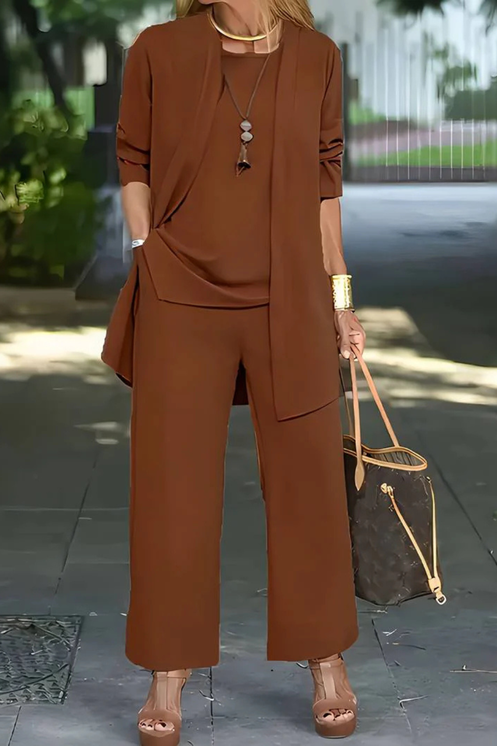 Presley | Women's Caramel Pantsuit with Cardigan