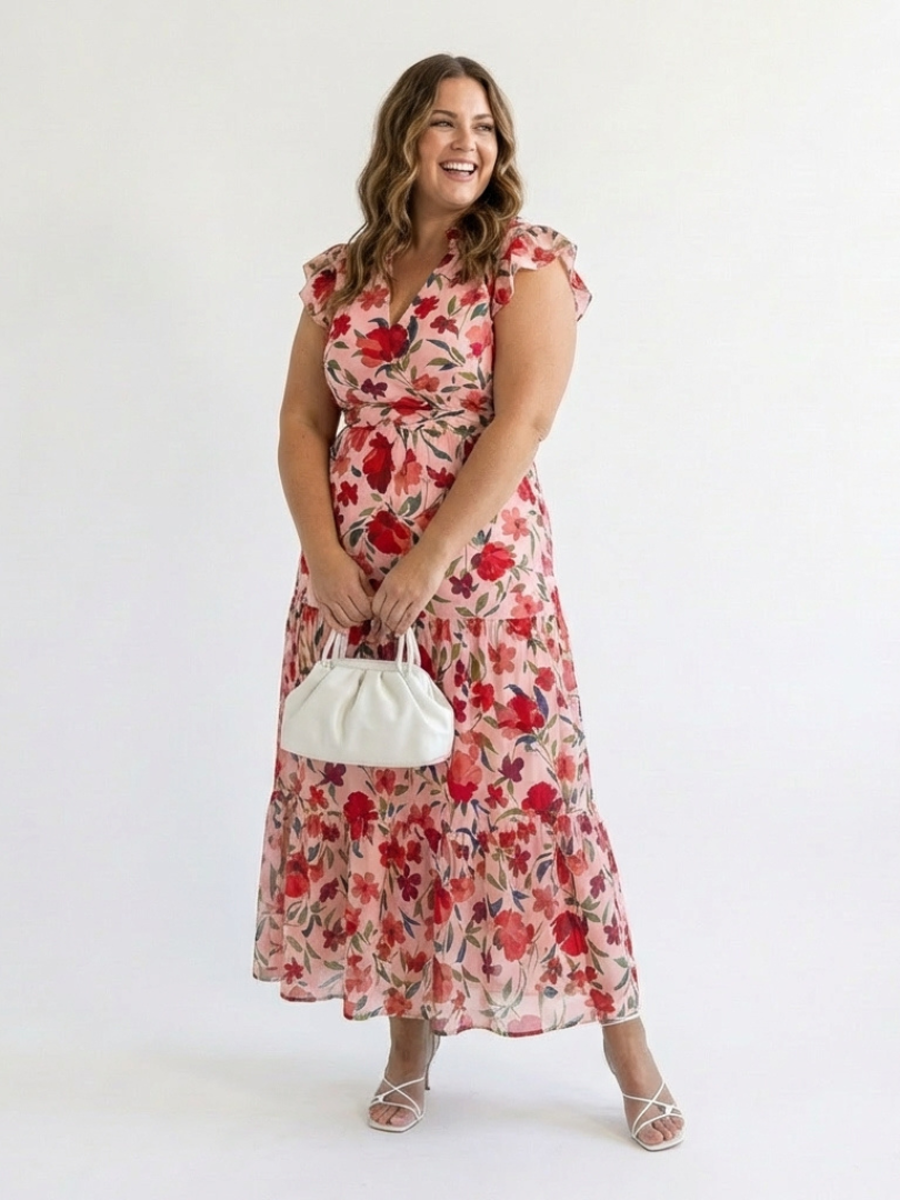 Stylish floral midi dress women V-neck tiered flowy summer wear