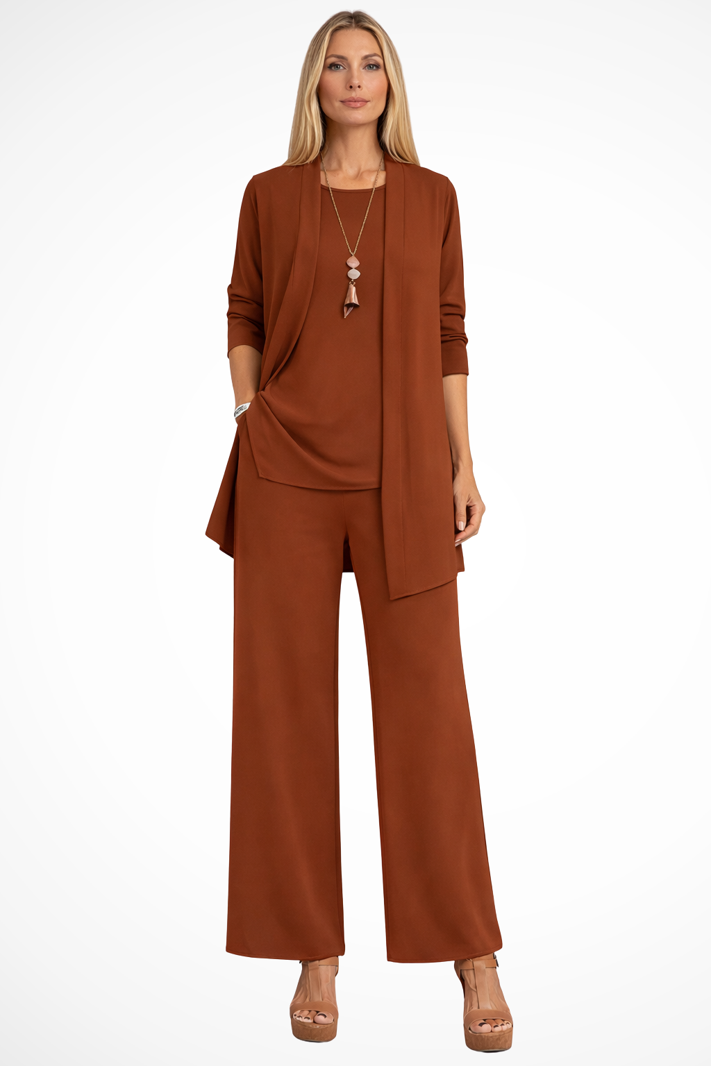 Presley | Women's Caramel Pantsuit with Cardigan