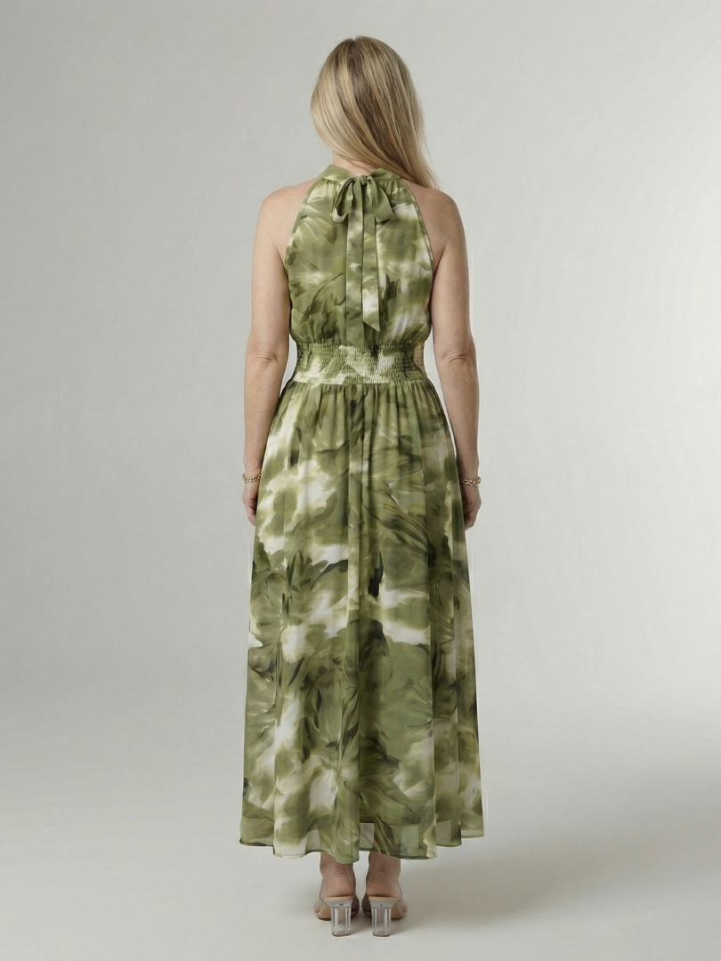 Elegant Gathered Halter Midi Dress | Flowy Summer Style for Women