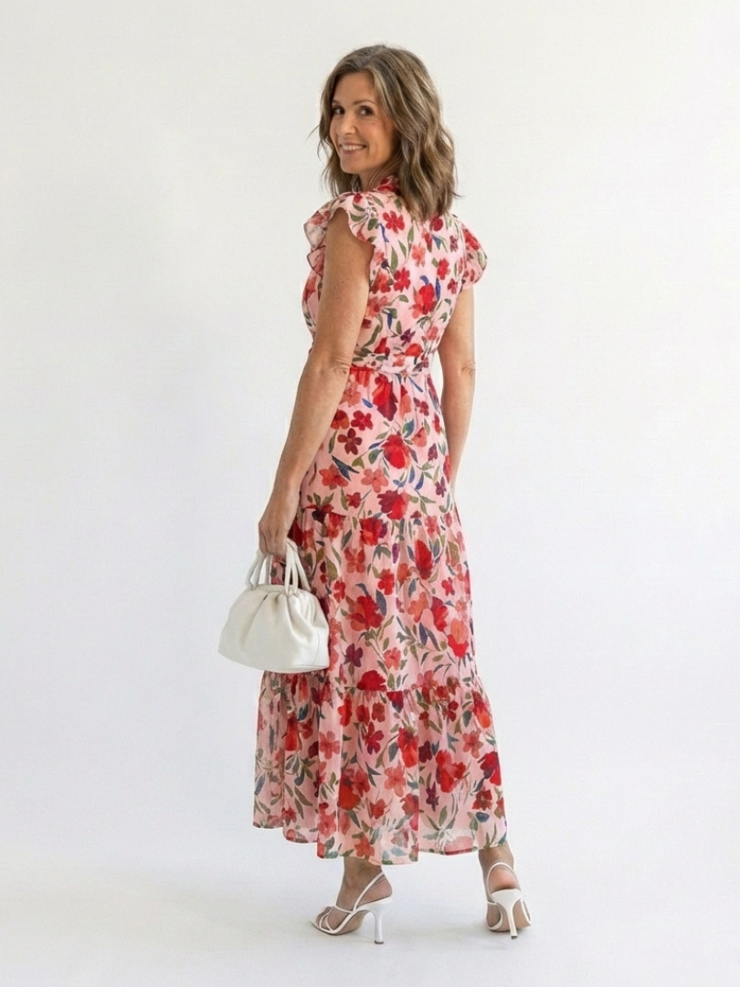 Stylish floral midi dress women V-neck tiered flowy summer wear