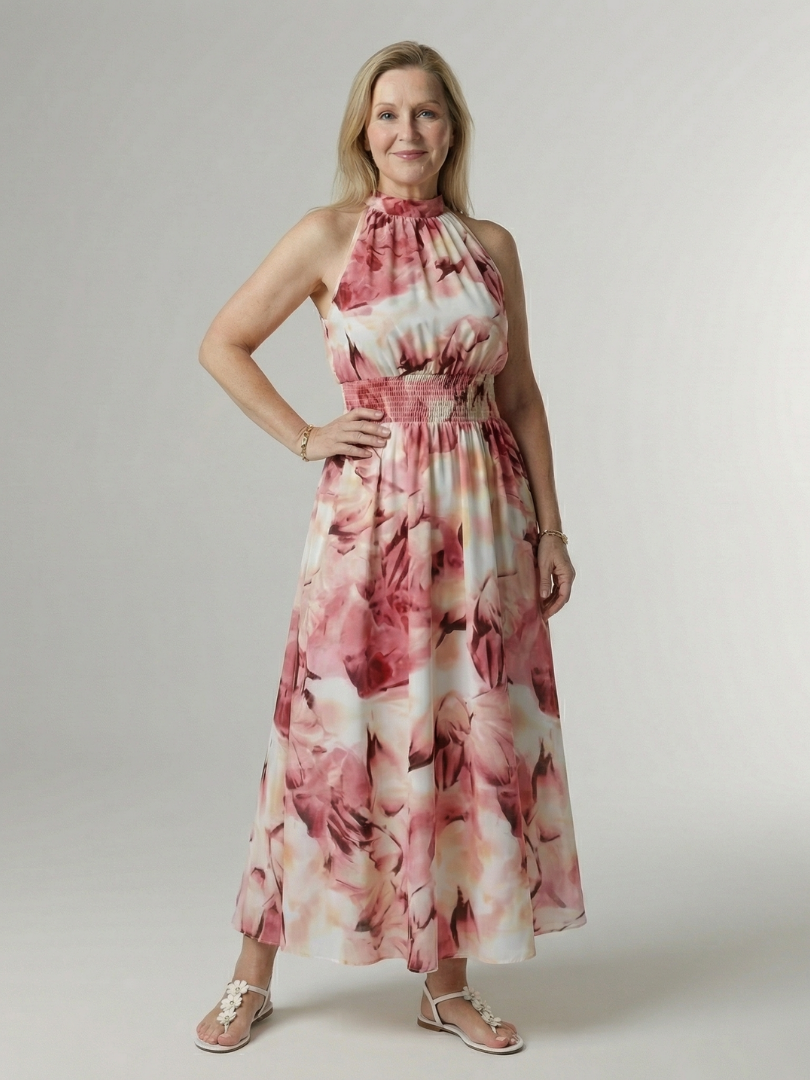 Elegant Gathered Halter Midi Dress | Flowy Summer Style for Women