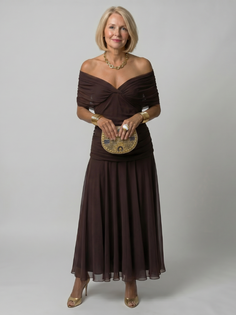 Off Shoulder Flow Midi Dress - Summer Party Elegant Style for Women