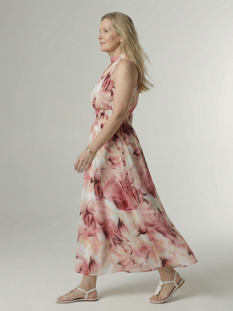 Elegant Gathered Halter Midi Dress | Flowy Summer Style for Women