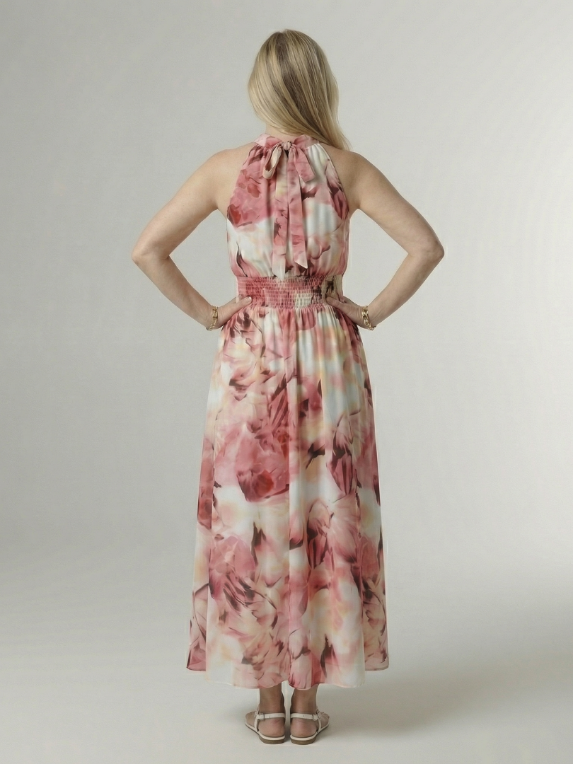 Elegant Gathered Halter Midi Dress | Flowy Summer Style for Women