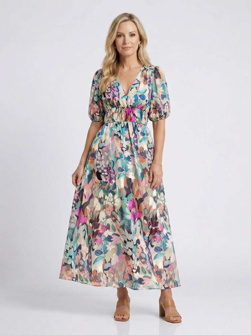 Stylish gathered waist midi dress women V-neck short sleeve comfort
