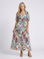 Stylish gathered waist midi dress women V-neck short sleeve comfort