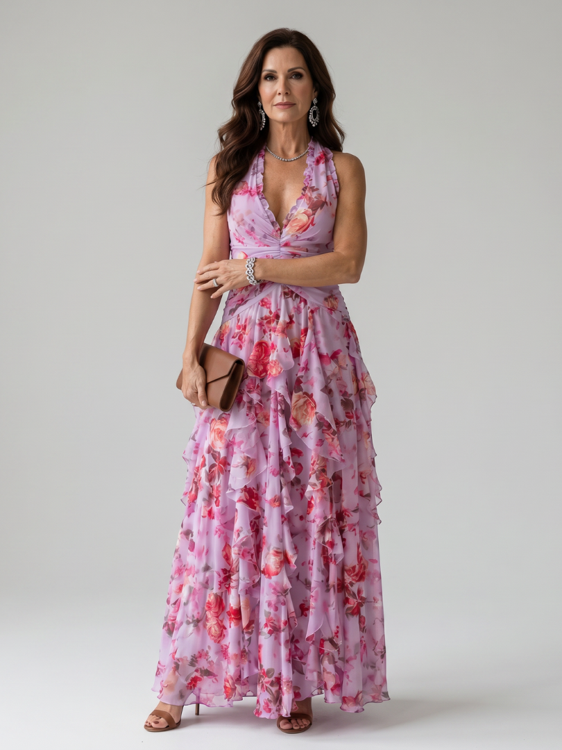Halter Neck Ruched Bodice Maxi Dress - Floral Boho Summer Style