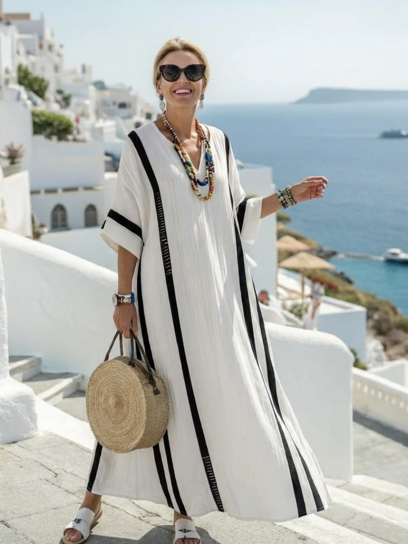 Elegant color block striped maxi dress women short sleeve relaxed fit