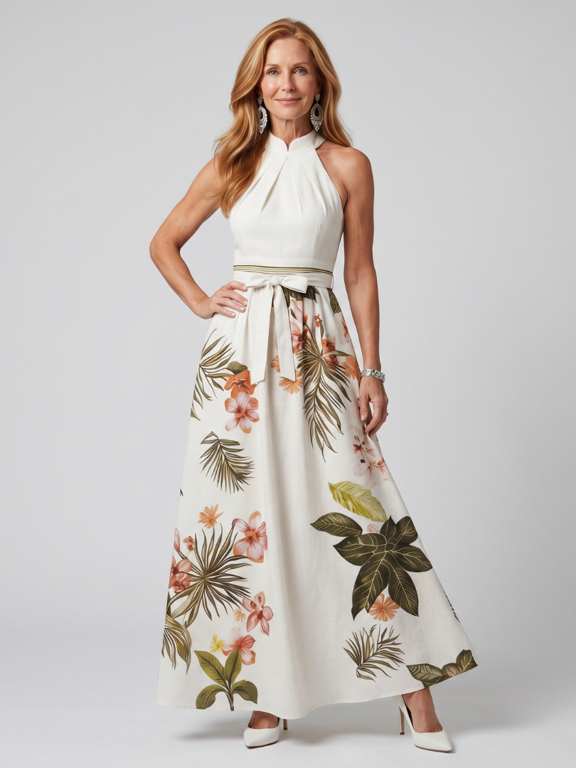 White Draped Halter Maxi Dress with Botanical Panel | Summer Elegant