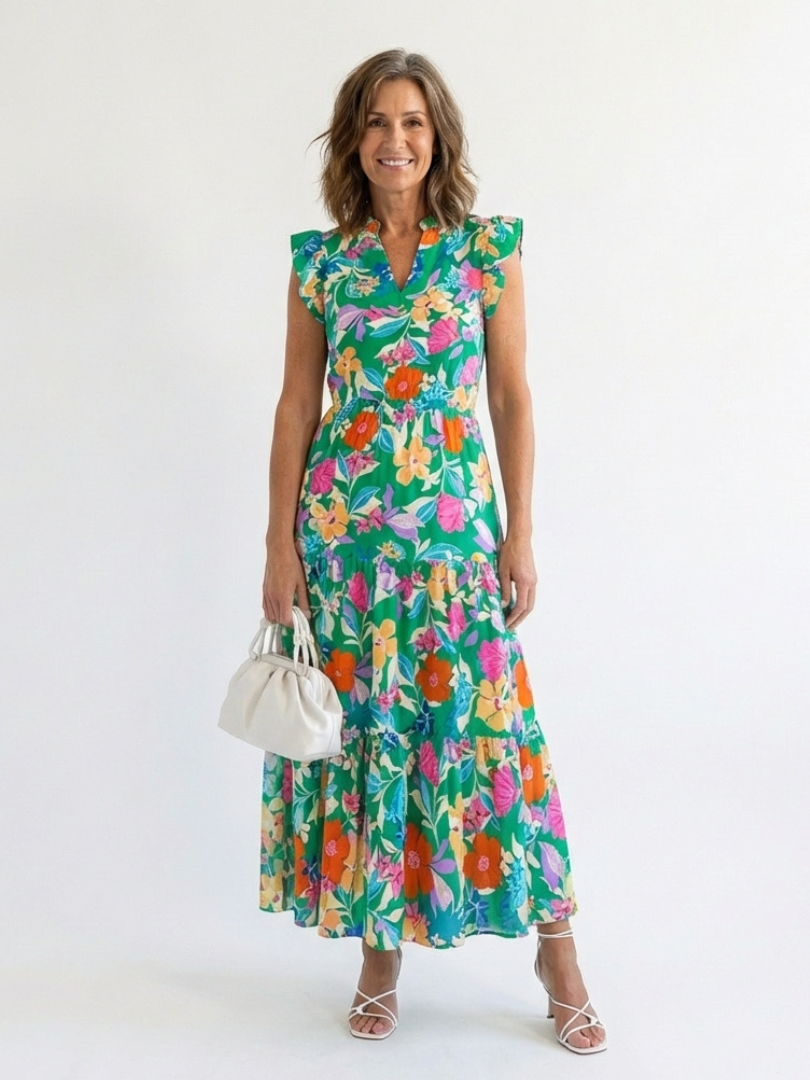 Stylish floral midi dress women V-neck tiered flowy summer wear