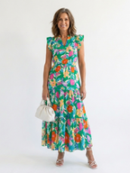 Stylish floral midi dress women V-neck tiered flowy summer wear