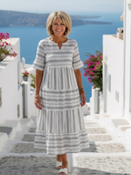 Elegant striped midi dress women tiered short sleeve relaxed fit