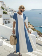 Elegant maxi dress women color block short sleeve relaxed fit