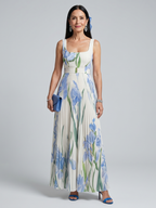 White Sleeveless Square Neck Floral Midi Dress | Elegant Summer Style
