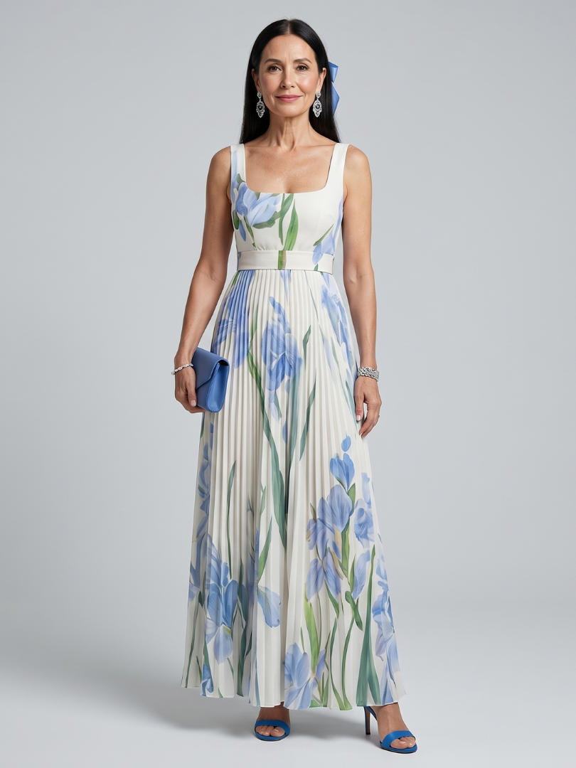 White Sleeveless Square Neck Floral Midi Dress | Elegant Summer Style