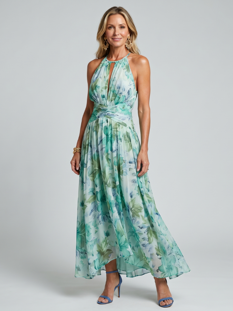 Pleated Halter Soft Floral Midi Dress - Summer Elegant Style for Women