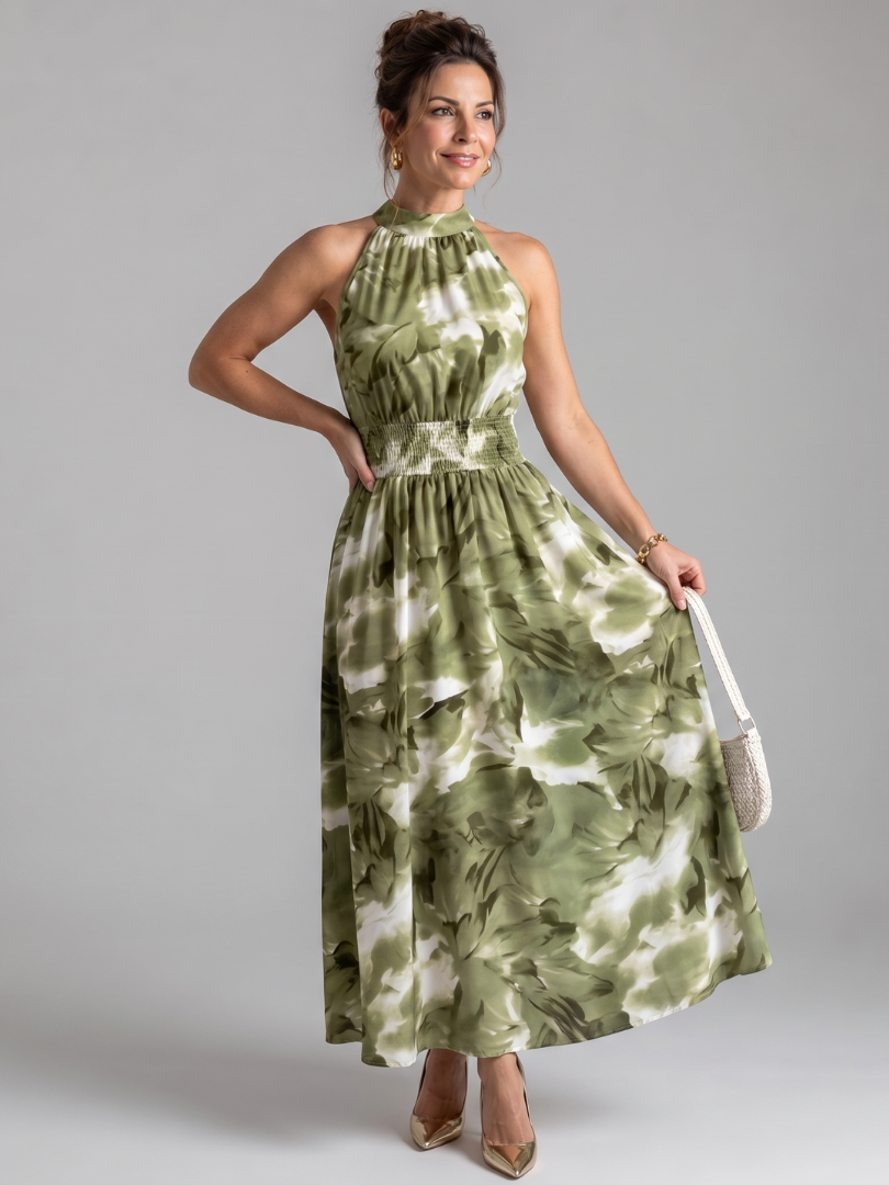 Gathered Waist Abstract Print Midi Dress - Summer Elegant Style
