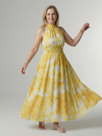 Elegant Gathered Halter Midi Dress | Flowy Summer Style for Women