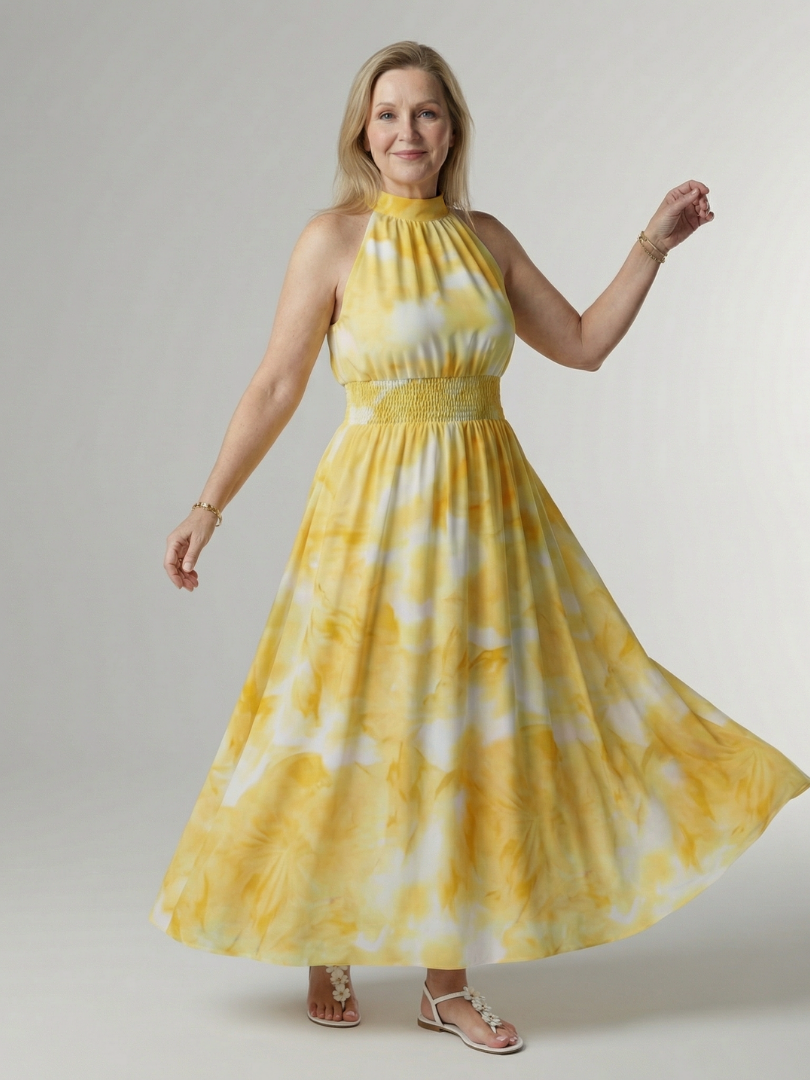 Elegant Gathered Halter Midi Dress | Flowy Summer Style for Women