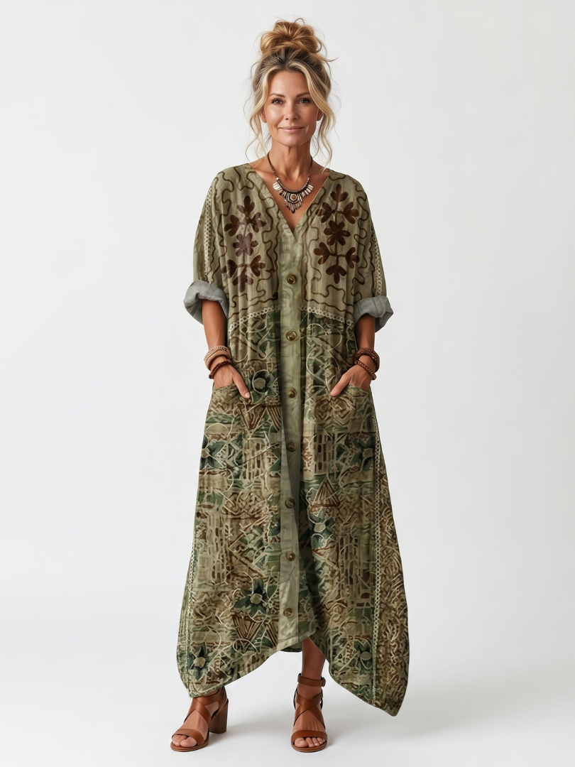 Aleta | Women's Oversized Button-Front Pocket Midi Dress