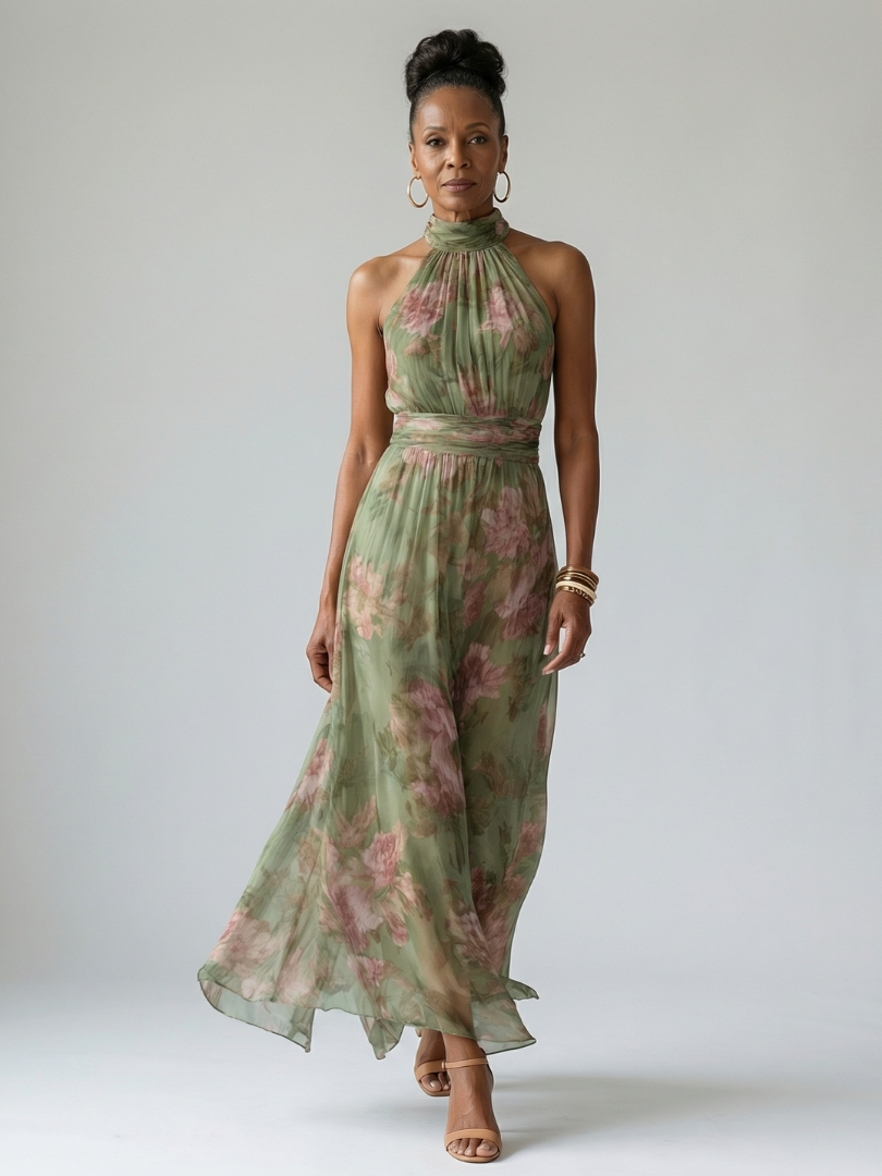 Gathered Halter Midi Dress for Women - Casual Summer Elegant Style