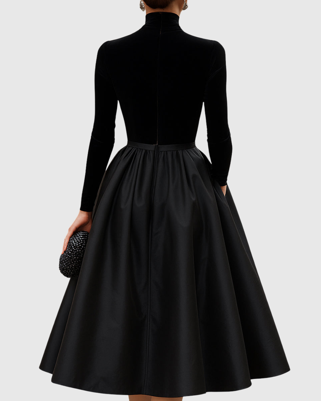 Elegant Black Midi Dress – Velvet and Satin Evening Style