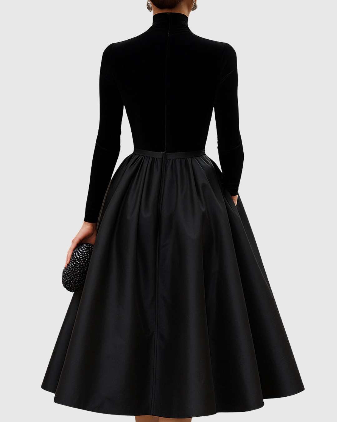 Elegant Black Midi Dress – Velvet and Satin Evening Style