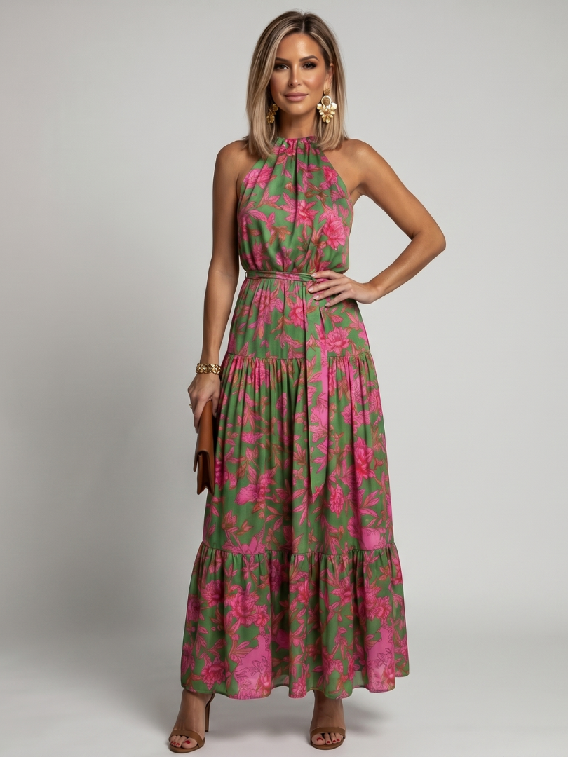 Draped Halter Midi Dress - Elegant Summer Party Style for Women
