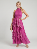 Pink High Neck Gathered Ruffle Layers Maxi Dress | Elegant Summer Style