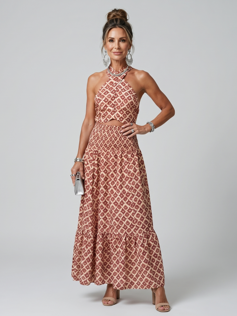 Elegant Cross Halter Geometric Cutout Midi Dress | Summer Style for Women
