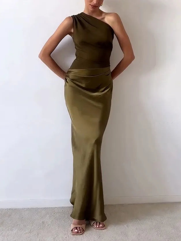 One Shoulder Pleated Party Maxi Dress - Elegant Summer Style for Women