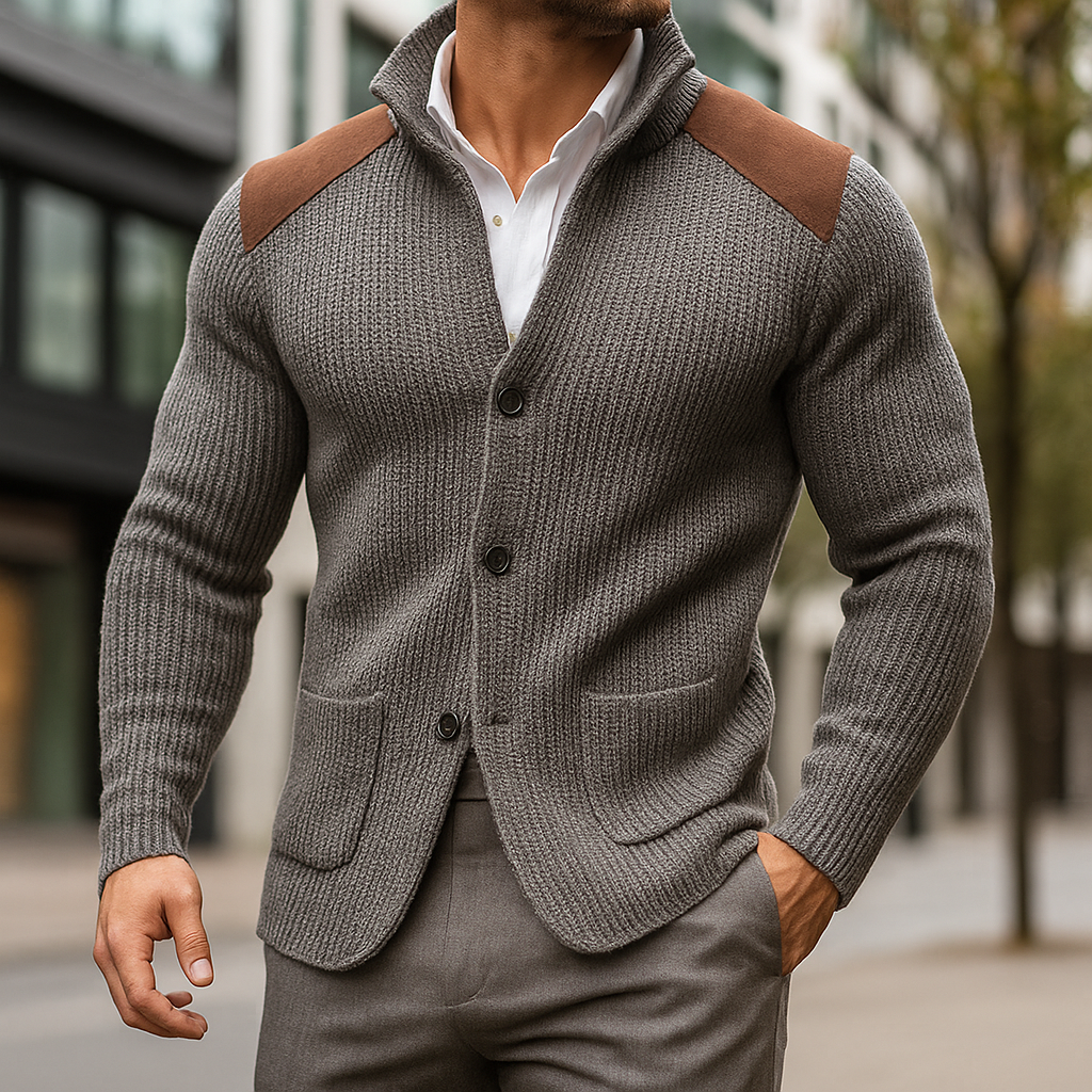 Greyson | Men's Knit Cardigan with Suede Shoulder Panels