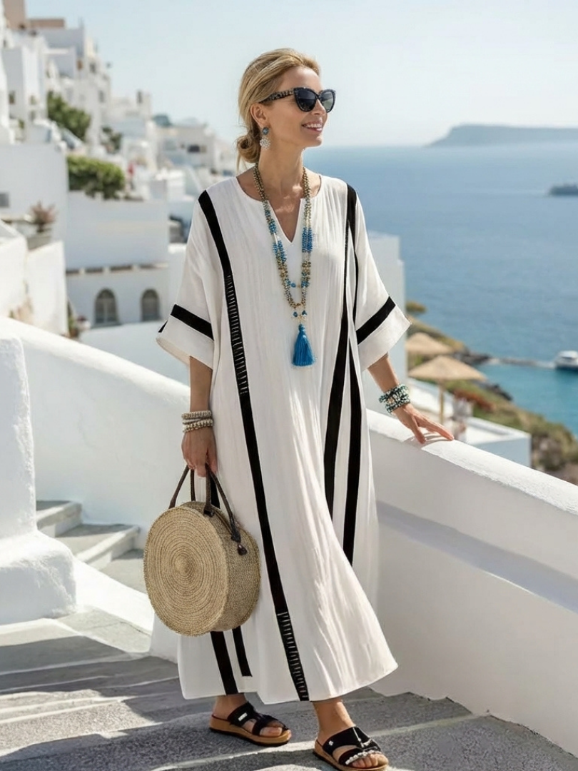 Elegant color block striped maxi dress women short sleeve relaxed fit