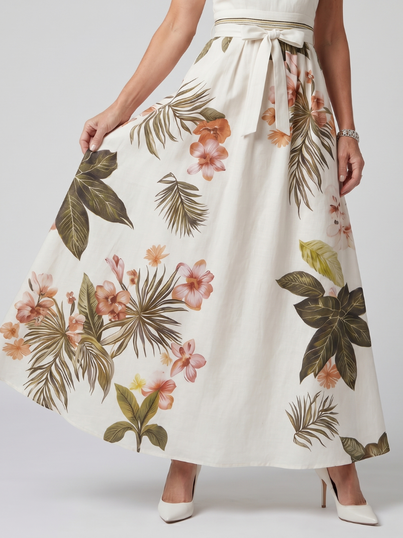 White Draped Halter Maxi Dress with Botanical Panel | Summer Elegant