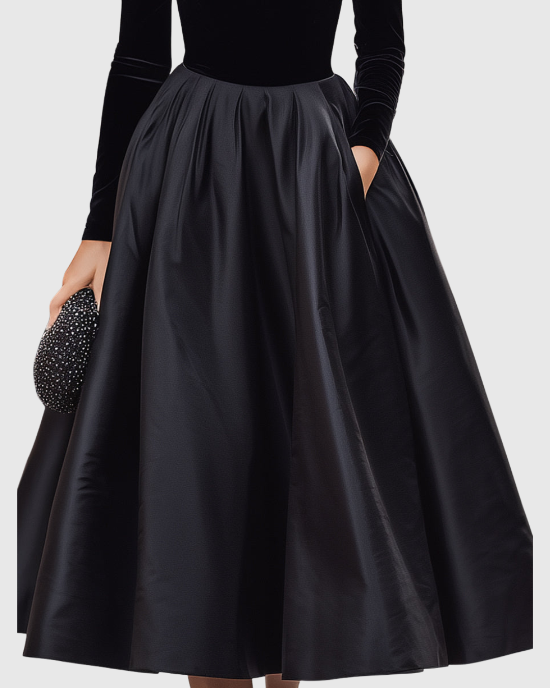 Elegant Black Midi Dress – Velvet and Satin Evening Style