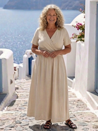 Elegant V-neck wrap midi dress women short sleeve soft chic style