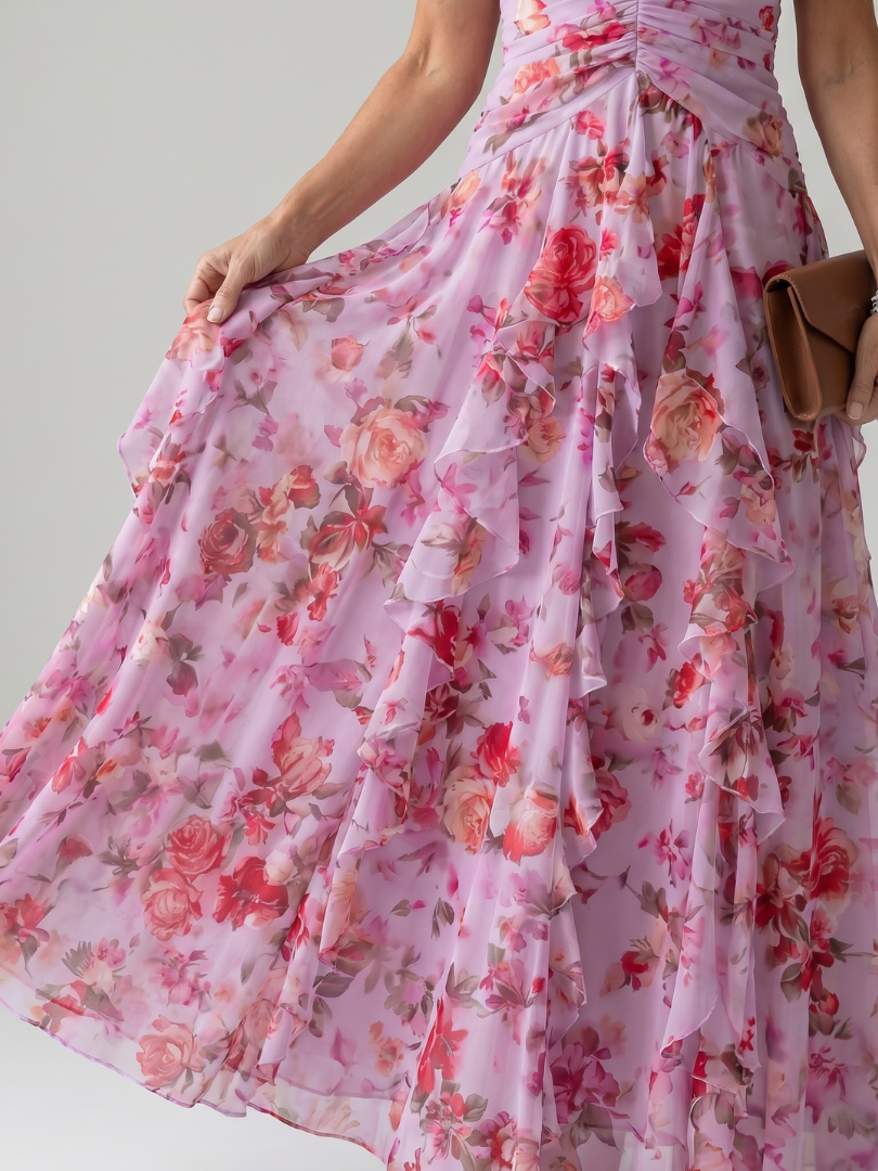 Halter Neck Ruched Bodice Maxi Dress - Floral Boho Summer Style