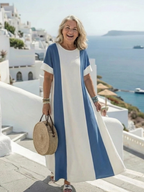 Elegant maxi dress women color block short sleeve relaxed fit