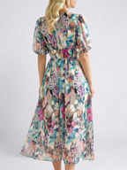 Stylish gathered waist midi dress women V-neck short sleeve comfort