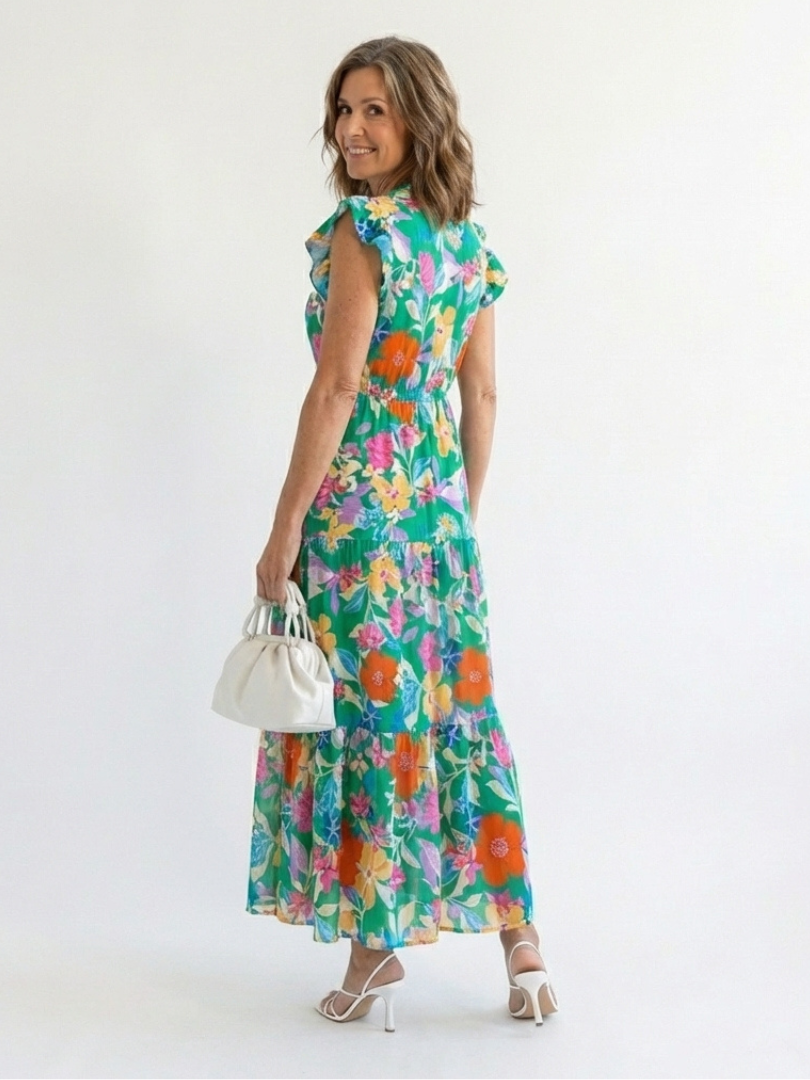 Stylish floral midi dress women V-neck tiered flowy summer wear