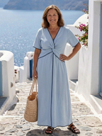 Elegant midi dress women V-neck twist front short sleeve chic style