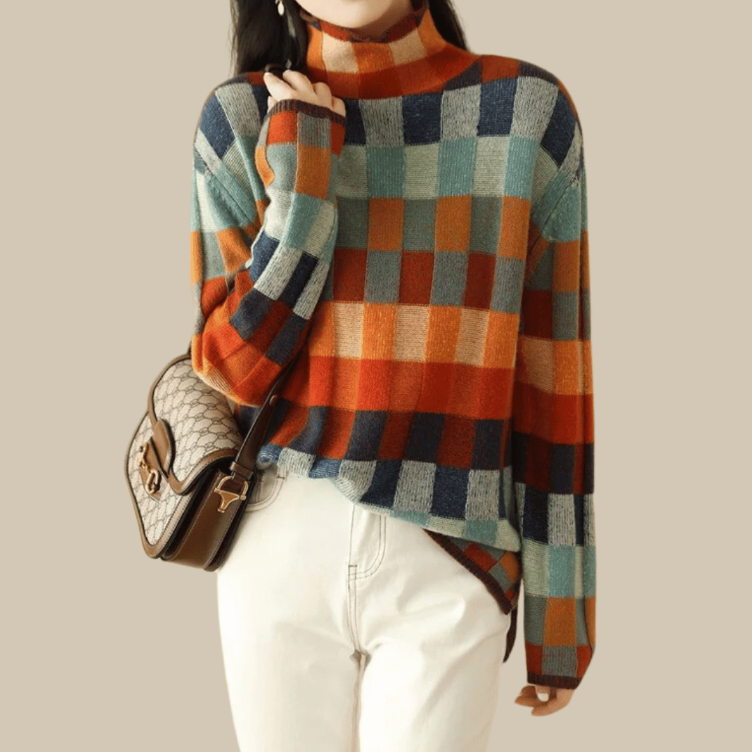 Ravelyn | Women's Cashmere Patchwork Turtleneck Sweater