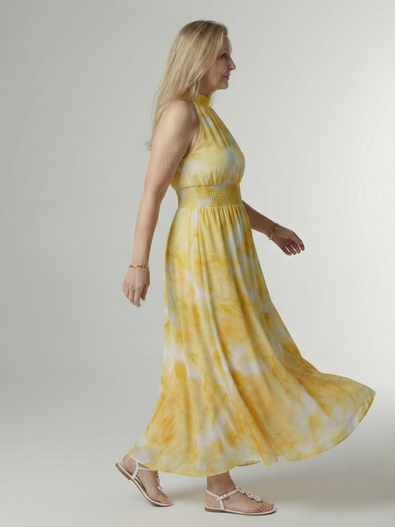 Elegant Gathered Halter Midi Dress | Flowy Summer Style for Women