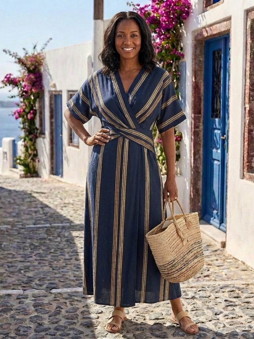 Women V-neck midi dress striped wrap short sleeve elegant everyday wear